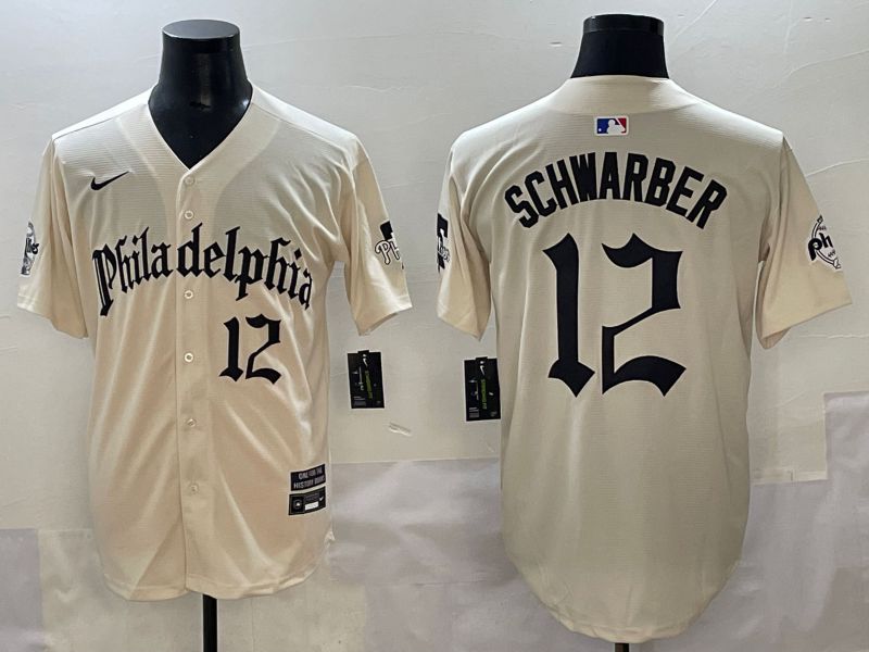 Men 2025 Philadelphia Phillies 12 Schwarber Cream Five generations Joint Name Nike MLB Jersey style 4